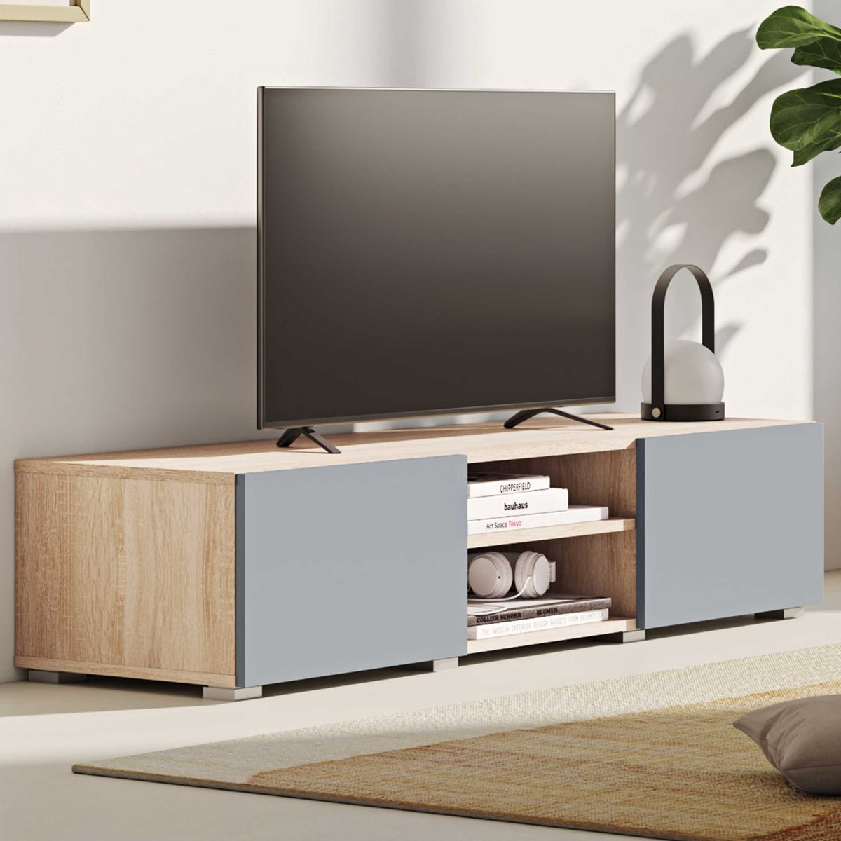 Tv-meubel Polka 140 Cm 2 Draaideuren, 2 Open Vakken- Eik/celadon Grijs