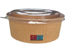 Posched - Kraft Bakje Met Deksel - Wegwerp - 1300 ml - 150 Stuks - Bowl Kartonnen Schaal - Maaltijd Bakje - Saladebakje