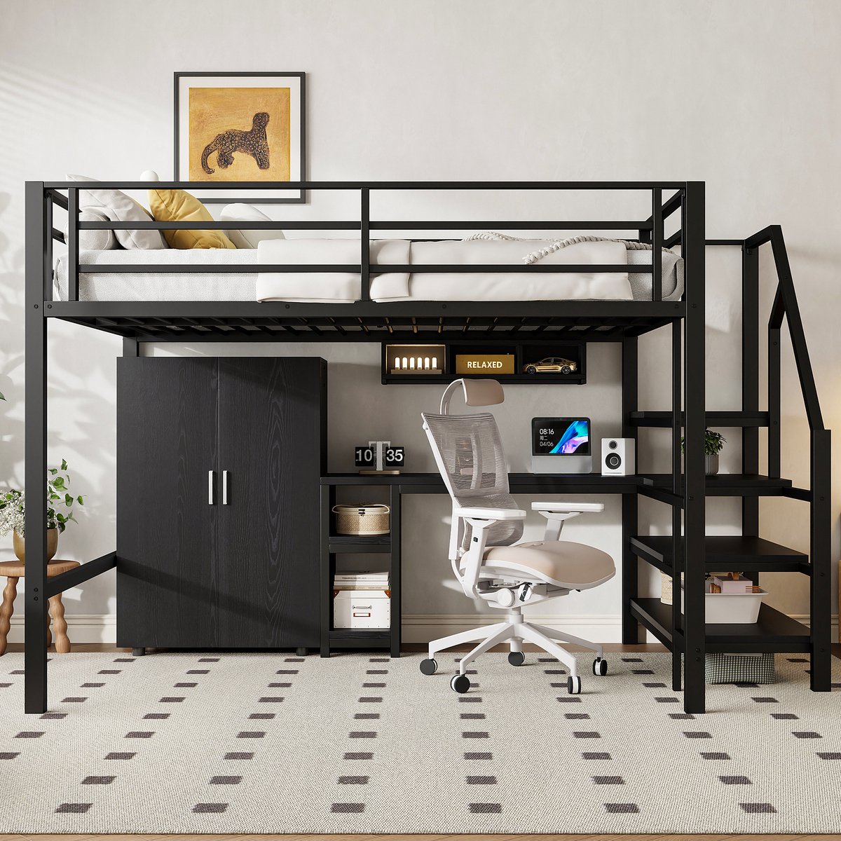 Merax Hoogslaper - 140x200cm - kledingkast - plank - opbergladder - bureau - zonder matras - zwart