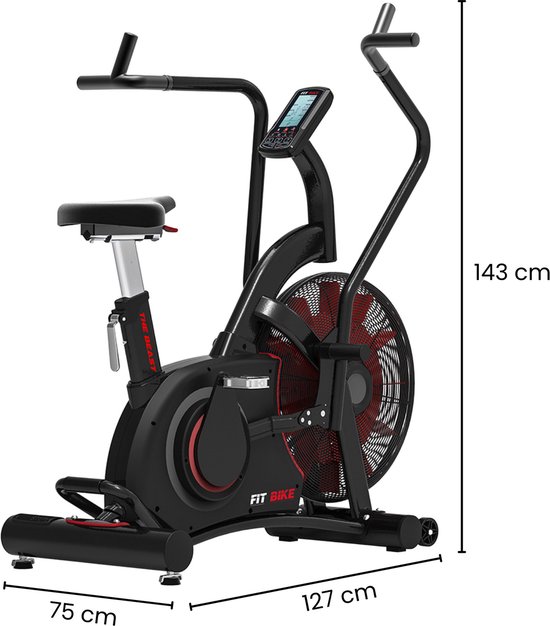 Afmetingen van een zwart 'FIT BIKE The Beast' airbike: 143 cm hoog, 75 cm breed en 127 cm lang.