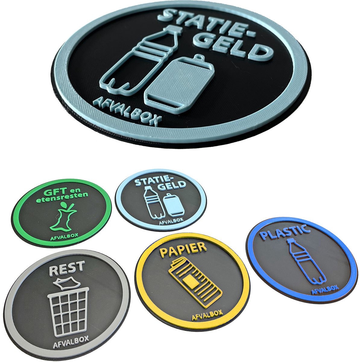 Afvalsticker Set – 5x Bordje Rest / Papier / PMD / GFT – 3D Opdruk – Bio Kunststof – Ø12 cm – Met Tape – 3 mm Dik