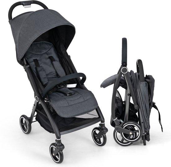 COSTWAY Kinderwagen met één hand inklapbaar, reisbuggy licht met verstelbare rugleuning en kap, babywagen met 5-punts gordel en opbergmand, kinderbuggy tot 15 kg belastbaar (grijs)