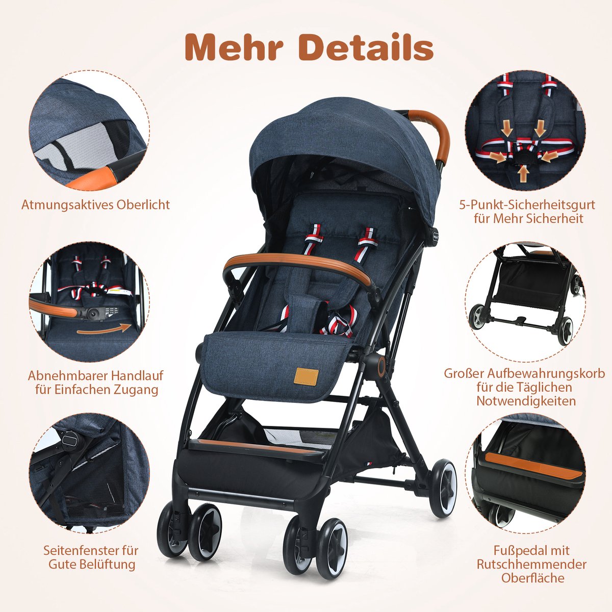 FDS Opvouwbare Kinderbuggy met Verstelbare Rugleuning en Kap - afbeelding 2