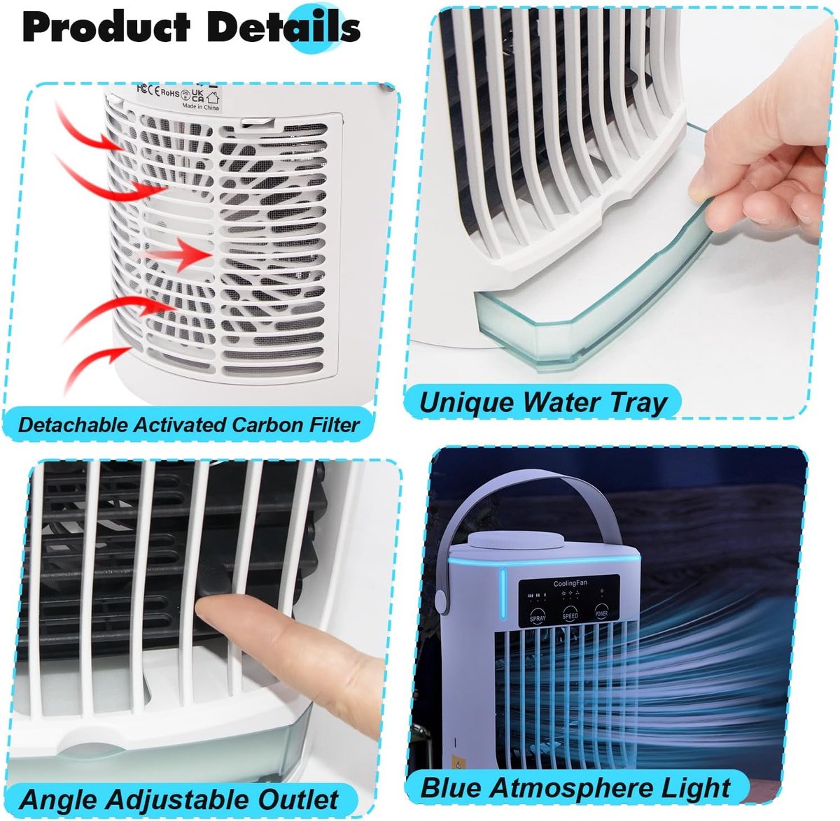 Mobiele airco zonder afvoer-mobiele airco zonder slang-3-in-1 mini-afvoerloze draagbare airconditioner-mobiele airco voor slaapkamer-3 windsnelheden, grote watertank, luchtkoeler voor slaapkamer, thuiskantoor-wit thumbnail 3