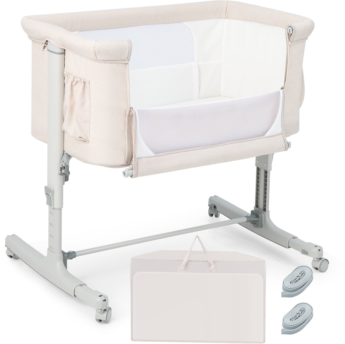 COSTWAY 3 in 1 co-sleeper & wieg & reiswieg, in 5 standen in hoogte verstelbaar wiegje, kantelbaar, bedje incl. matras, reiswieg, wiegje voor baby's tot 9kg (beige)