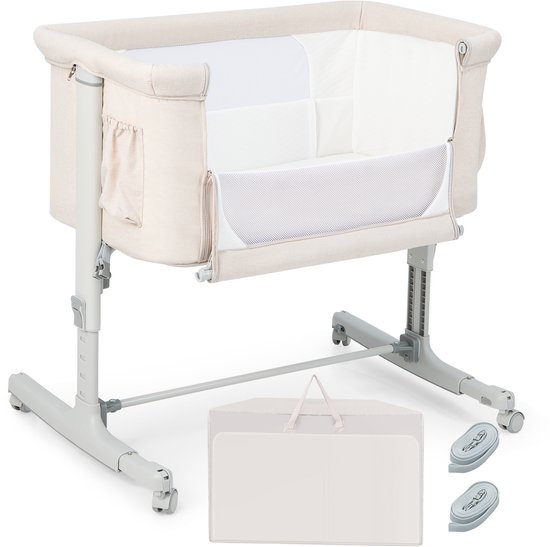 COSTWAY 3 in 1 co-sleeper & wieg & reiswieg, in 5 standen in hoogte verstelbaar wiegje, kantelbaar, bedje incl. matras, reiswieg, wiegje voor baby's tot 9kg (beige)