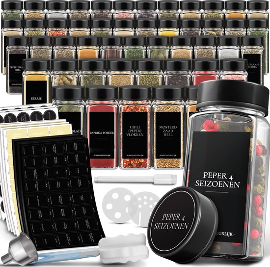 Soothe 48 Pots à Épices en Verre Carrés avec Couvercles en Noir - 2 Types de Couvercles à Saupoudrer - Saupoudreur d'Épices - Spice Jars - Ensemble Complet incluant des Étiquettes d'Épices, un Stylo Craie et des Accessoires - 120ml