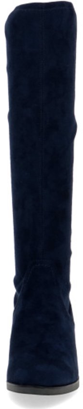 Donkerblauwe stretch laars met blokhak, vooraanzicht.
