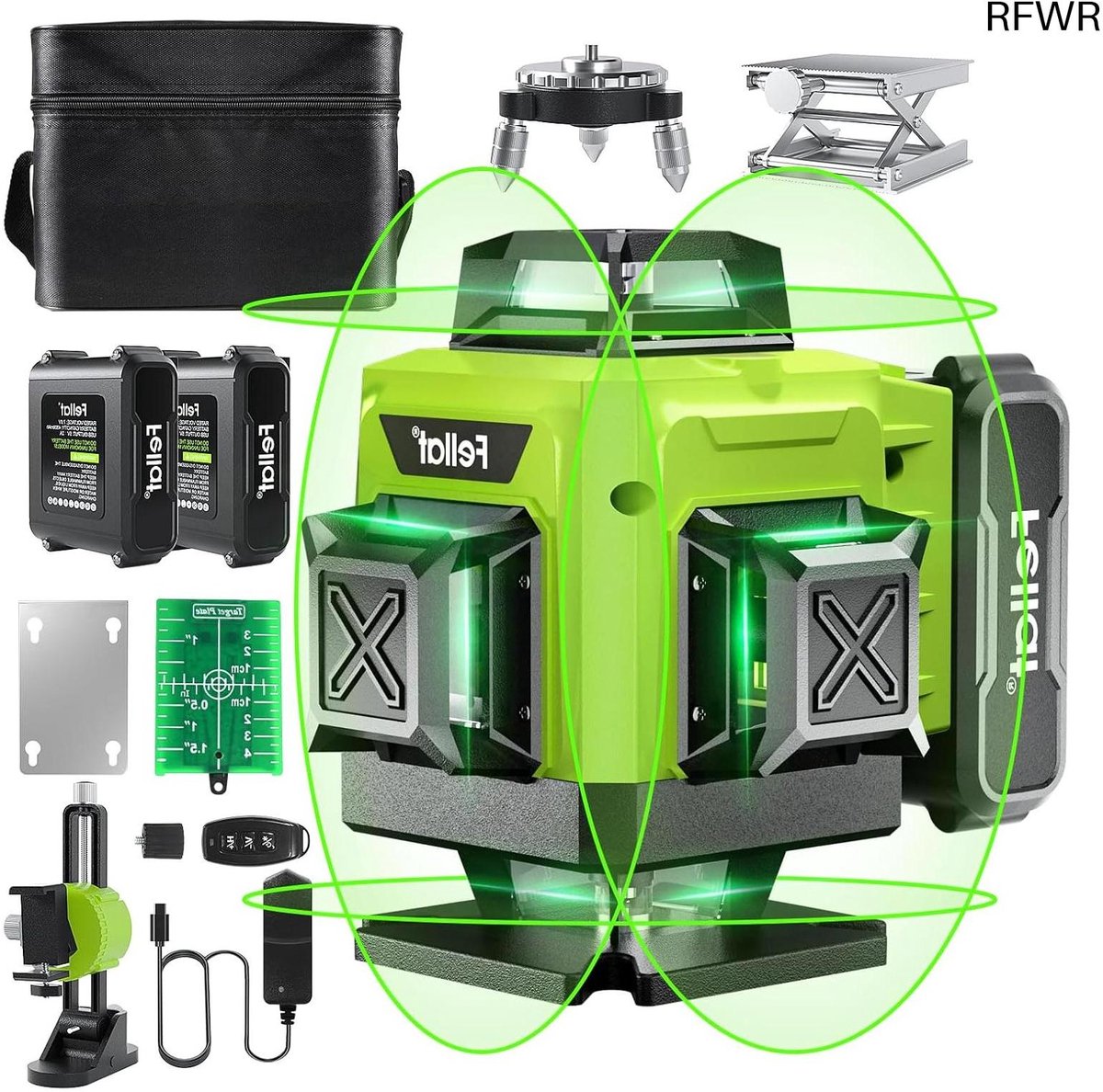 RFWR® Kruislijnlaser met 4D Nivellering en 2x4800mAh Batterij