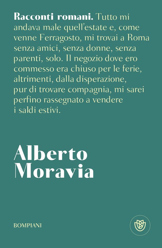 Couverture du livre 'Racconti romani' d'Alberto Moravia, avec un fond bleu foncé et du texte blanc.