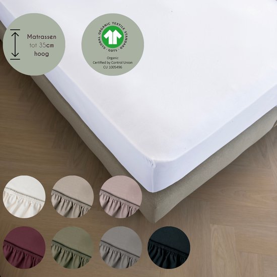 Drap-housse Kayori Tara en Hoeslaken - 180-200 x 200-220 cm - Épaisseur du matelas 40 cm - Élastique tout autour - Katoen bio - Sans repassage - Wit