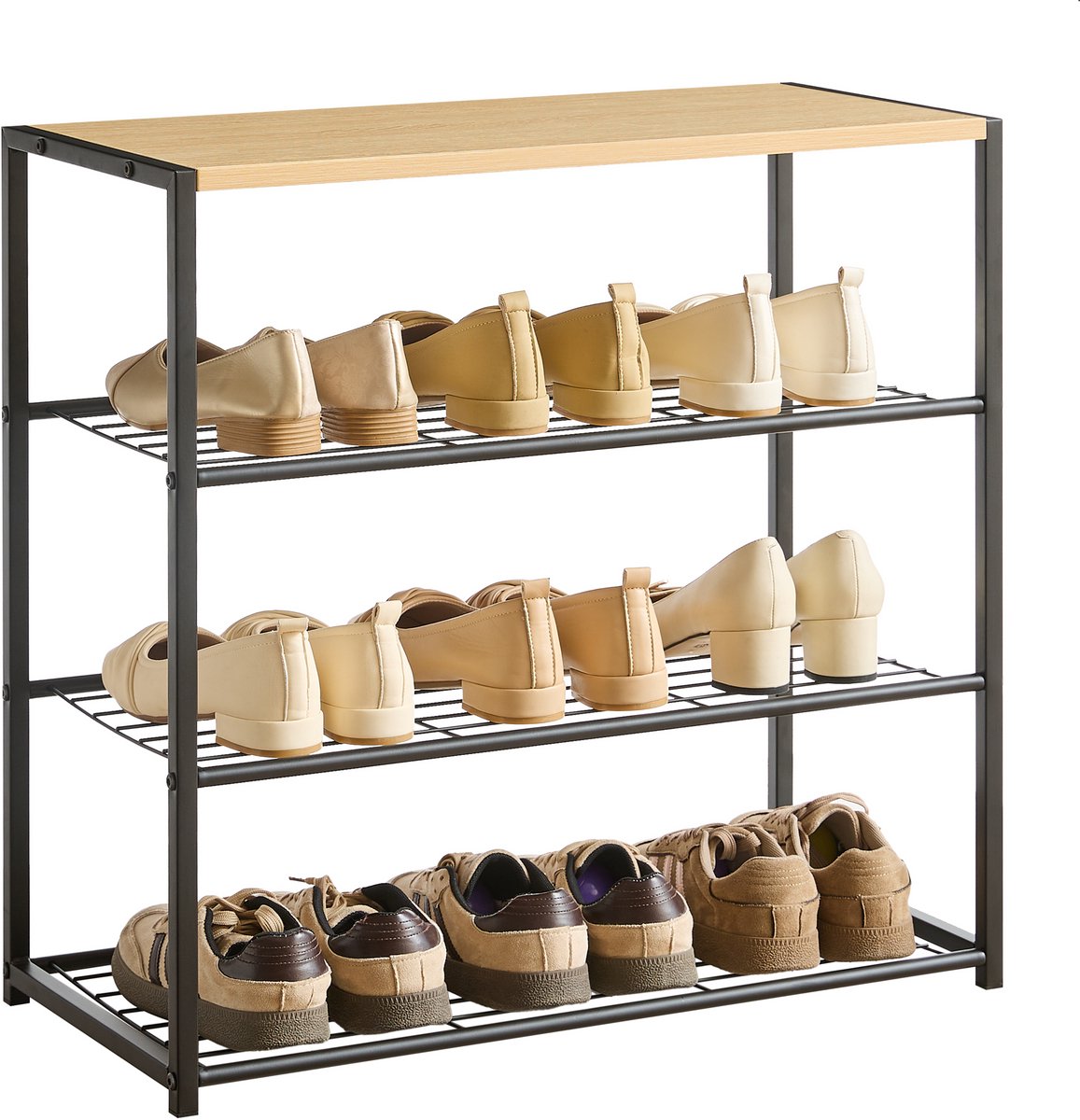 ACAZA Schoenenrek - Schoenenkast - 3 Lagen - Voor 9 Paar Schoenen - 63 x 63 x 30 cm - Metaal met Hout - Lichte eik kleur