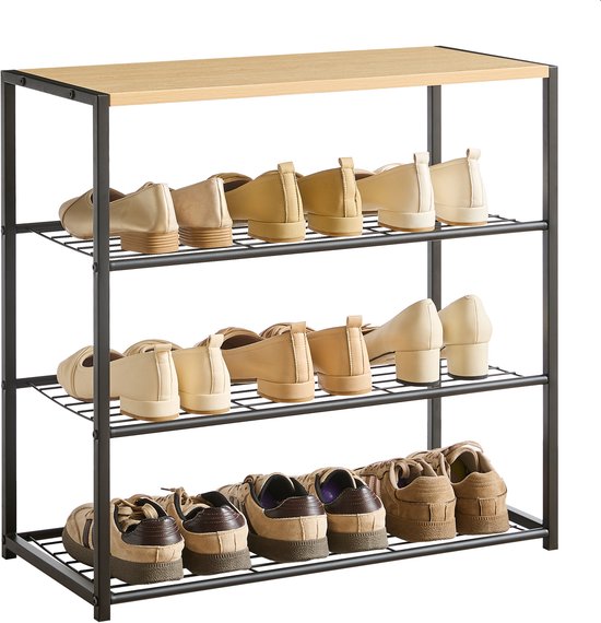 ACAZA Schoenenrek - Schoenenkast - 3 Lagen - Voor 9 Paar Schoenen - 63 x 63 x 30 cm - Metaal met Hout - Lichte eik kleur