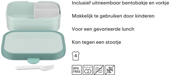 Boîte à lunch vert d'eau avec compartiment bento amovible et fourchette. Sans BPA.