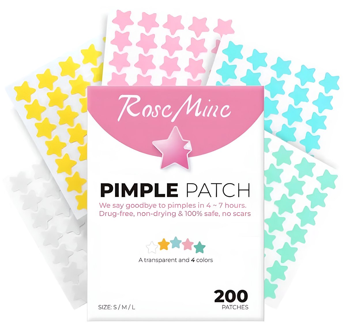 Rose Mine - 200 stervormige pimple patches - Puistjespatch voor dag & nacht - Star pimple patches - Acne stickers in 5 kleuren & 3 maten