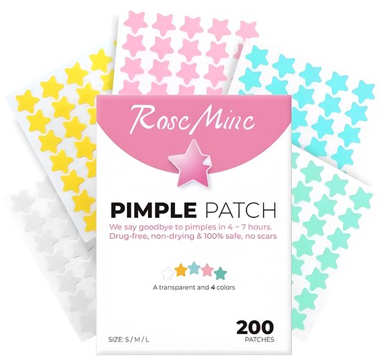 Rose Mine - 200 patchs boutons étoiles - Patch boutons pour le jour et la nuit - Patchs boutons Star - Autocollants acné en 5 couleurs et 3 tailles