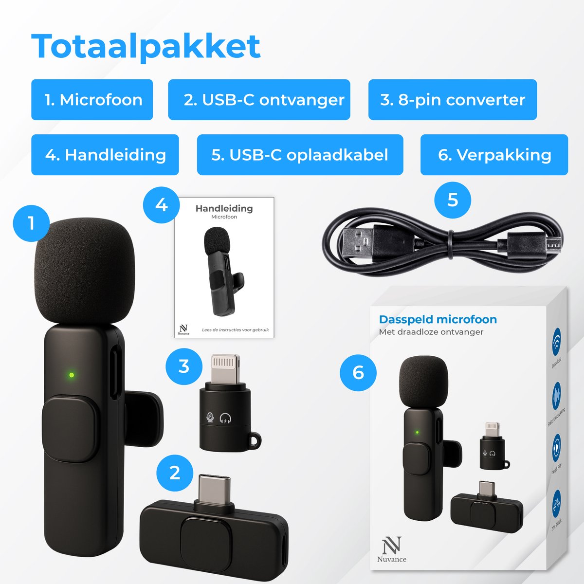 Nuvance Draadloze Microfoon - Geschikt voor Usb-C & 8-Pin - Lavalier - Microfoon Draadloos - Dasspeld - Plug & Play — cadeau in Gadgets - foto 8