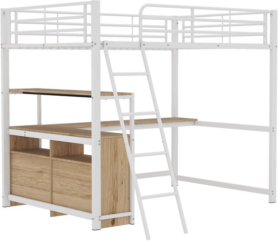 Lit mezzanine - 140x200cm - tiroirs pratiques - bureau élégant en L - design stratifié - sans matelas - blanc
