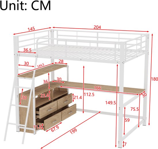 Lit mezzanine - 140x200cm - tiroirs pratiques - bureau élégant en L - design stratifié - sans matelas - blanc