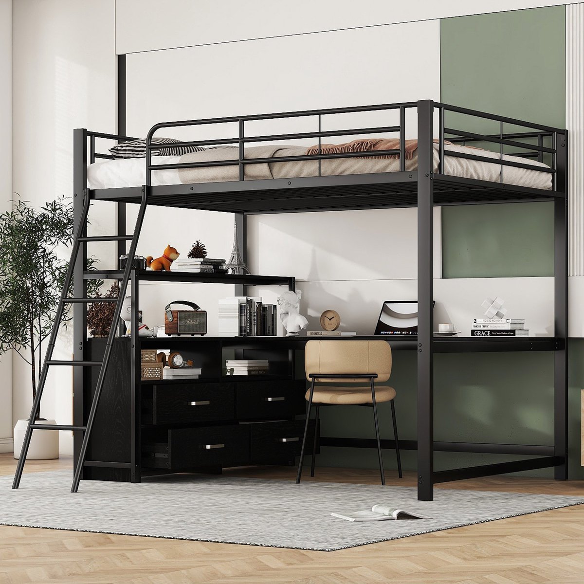 Merax Hoogslaper - 140x200 cm - praktische lades - stijlvol L-vormig bureau - laminaat design - geen matras - zwart