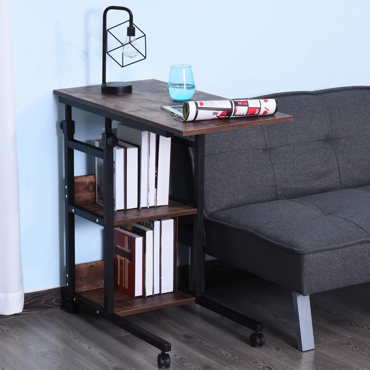 Pugsdrly Bijzettafel met wieltjes, in hoogte verstelbaar, compact, 2 legplanken, metalen frame, 80x40x72-82 cm, bruin/zwart