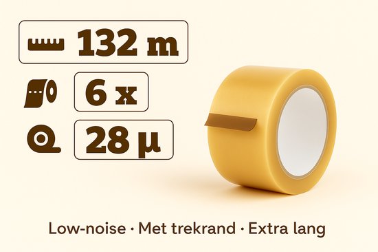 Verpakkingstape - Dozentape - Transparant PP Solvent - Inpak tape - 132 Meter x 50 mm - 6 rollen