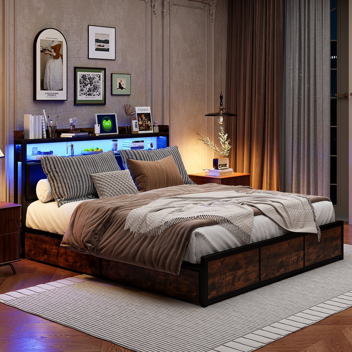 Metalen bed 180x200 cm met 4 laden opbergruimte en LED-hoofdbord, gestoffeerd bed tweepersoonsbed bedframe van metaal met lattenbodem, voor volwassenen en tieners, Vintage bruin +Zwart