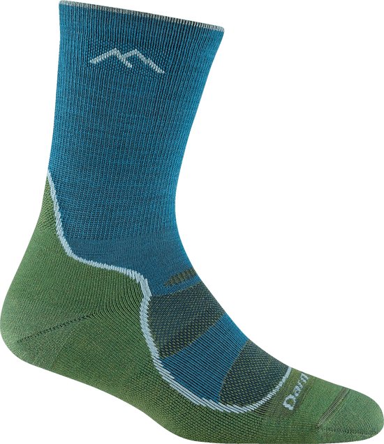Wandelsok in groen en blauw met een bergmotief en "Darn" logo op de zool.