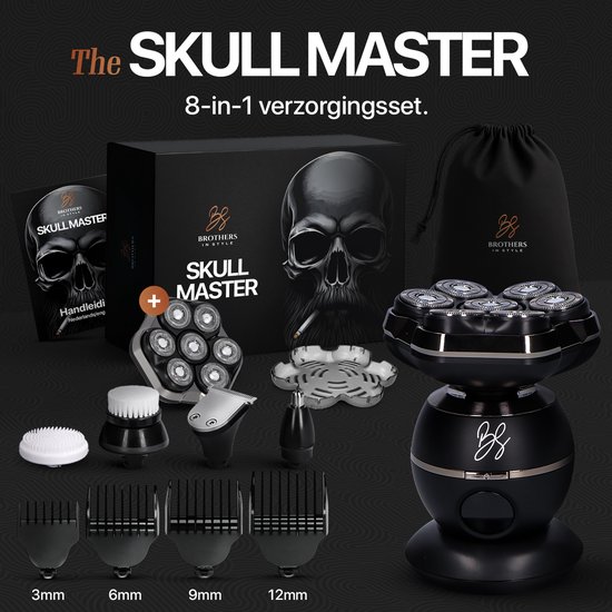 Het 8-in-1 verzorgingsset van de Skull Master met accessoires, verpakking en reistas.