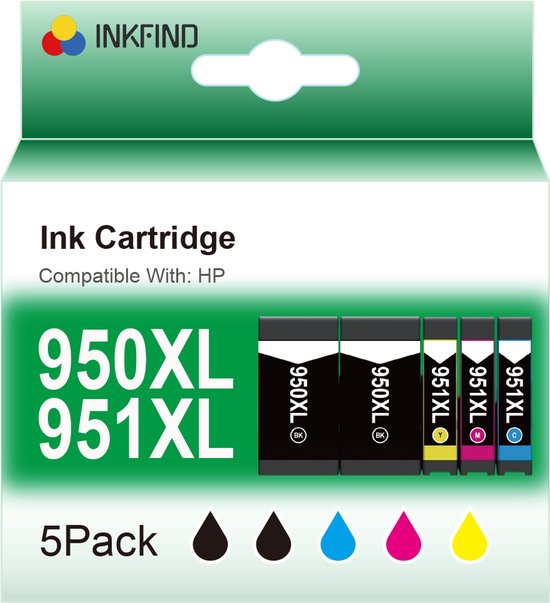 Foto: Inkfind 950xl 951xl inktcartridge voor hp 950xl hp950x hp 951xl hp951x hp 950 hp950 hp 951 hp951 inktcartridge multipack 5 stuks 2 x zwart 1 xcyan magenta geel geschikt voor hp officejet pro 8100 8600 8600 plus 8610 8615 8620 8630 8640 8660