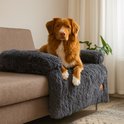 Bruine Nova Scotia Duck Tolling Retriever hond op een donkergrijs, fluffy hondenkleed op een bank.
