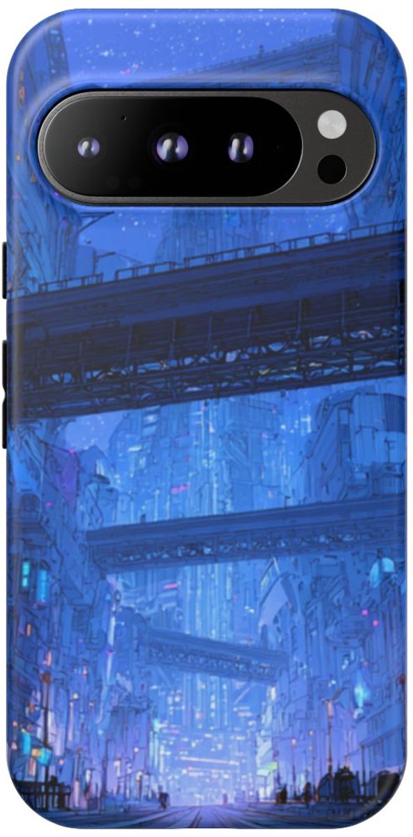 Futuristische Blauwe Stadsstraat – Telefoonhoesje Geschikt voor Google Pixel 9 Pro