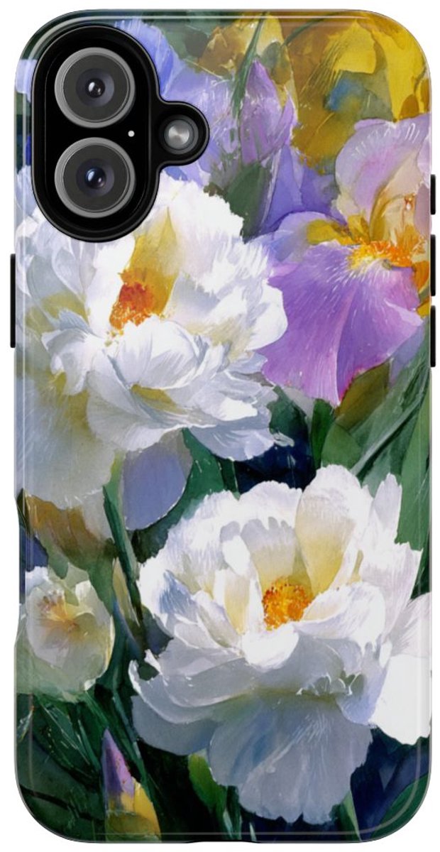 Grote Witte Pioenen en Lila Irissen – Telefoonhoesje Geschikt voor iPhone 16 Plus
