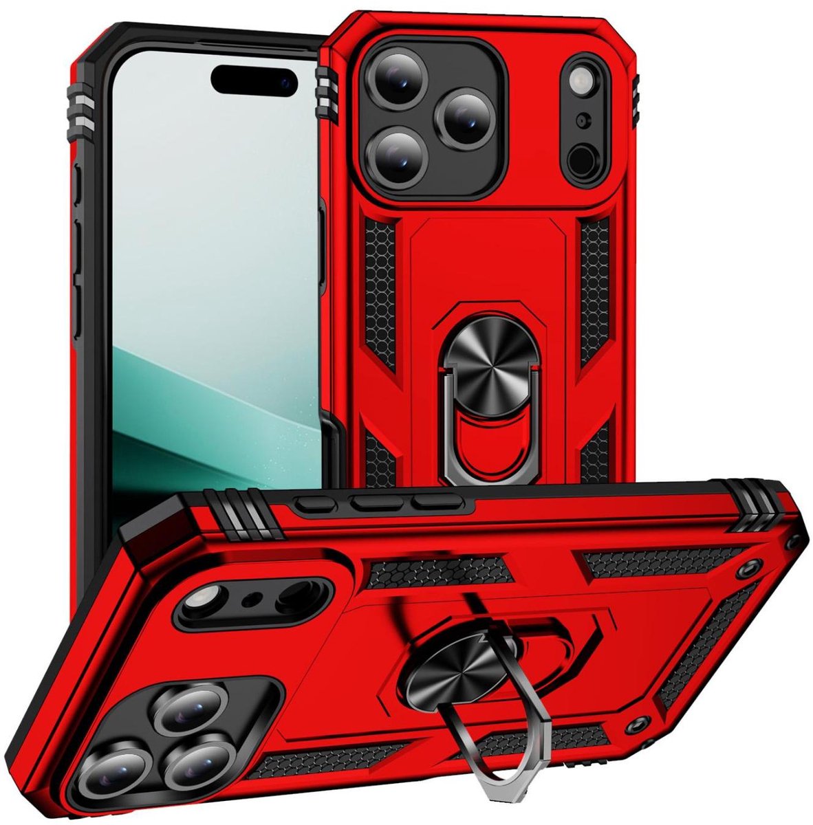 Mobigear Hoesje geschikt voor Apple iPhone 17 Pro Telefoonhoesje Hardcase | Mobigear Armor Ring Backcover Shockproof met Ringhouder | Schokbestendig iPhone 17 Pro Telefoonhoesje | Anti Shock Proof - Rood