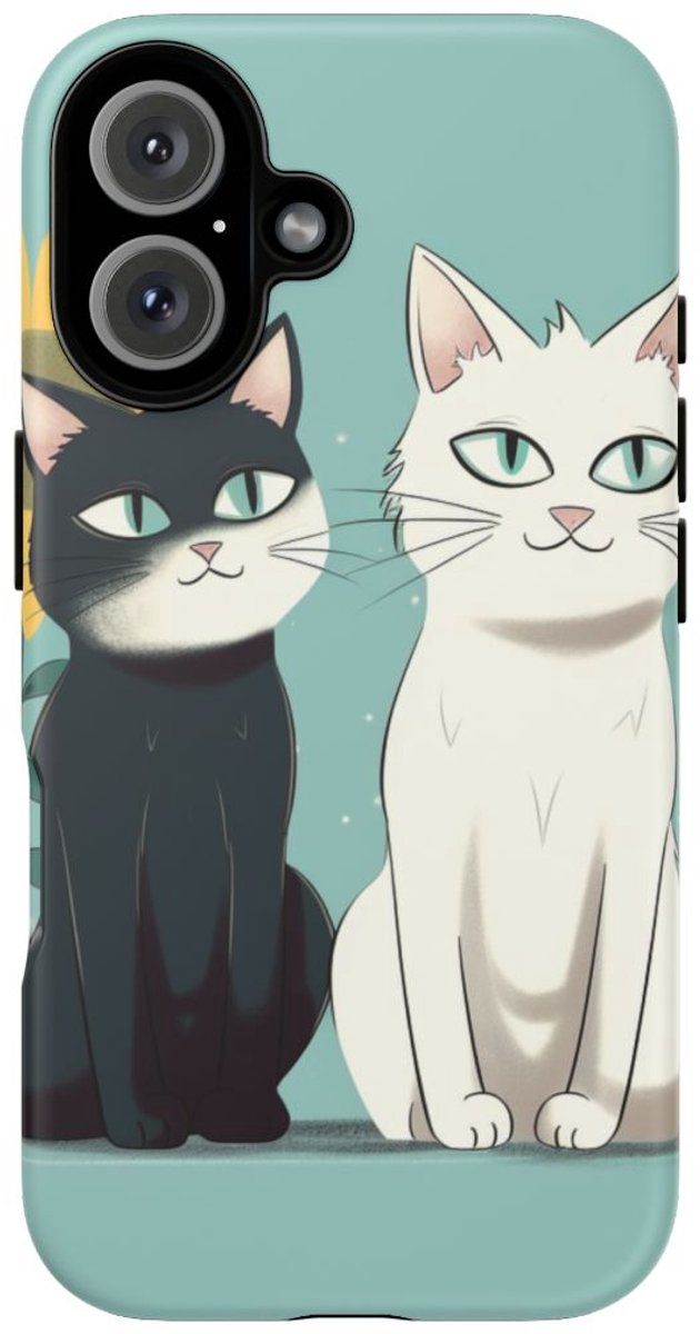 Twee Cartoonkatten met Zonnebloem – Telefoonhoesje Geschikt voor iPhone 16