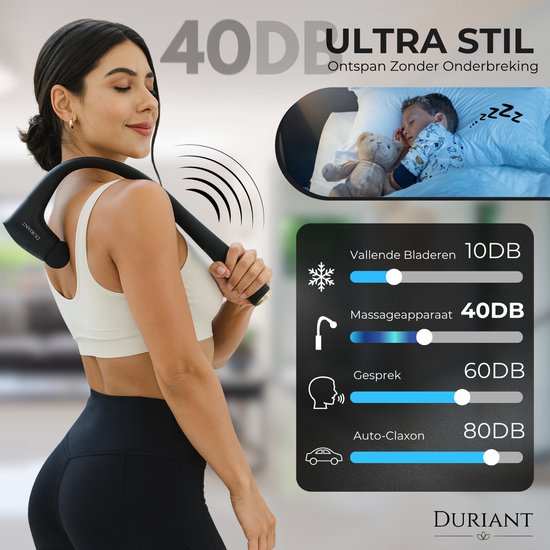 Vrouw met een zwart massagepistool over haar schouder. '40DB Ultra Stil' is zichtbaar, met geluidsvergelijkingsgrafiek.