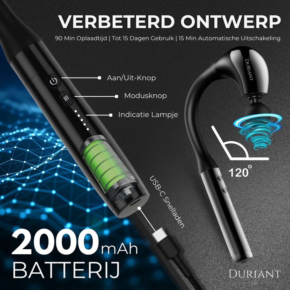 Duriant®- Massage gun professioneel-Unieke 2-in-1 Functionaliteit-Massage gun- Professioneel- Massage pistool- 4 opzetstukken- Ergonomisch Gebogen Design – Spierherstel & Ontspanning-Volledige lichaamsmassage –Overal inzetbaar- Zwart — cadeau in Sport & Outdoor - foto 7