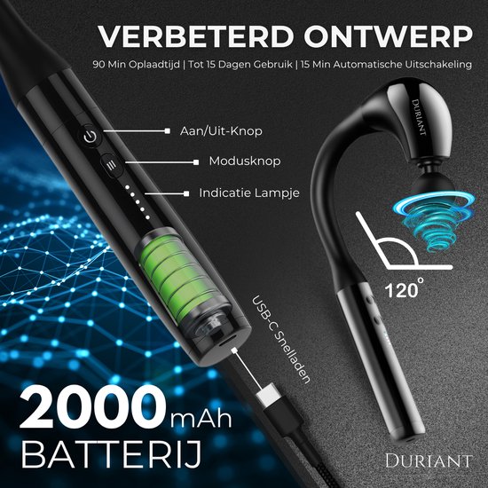 Close-up van de zwarte steel van een massagepistool met indicatorlampjes en batterij. USB-C opladen is aangesloten.