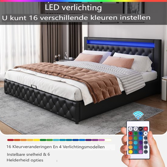 Opbergbed 140x200 cm met opbergruimte en ledverlichting, gestoffeerd bed met lattenbodem, PU-materiaal, zwart(Matras niet inbegrepen)