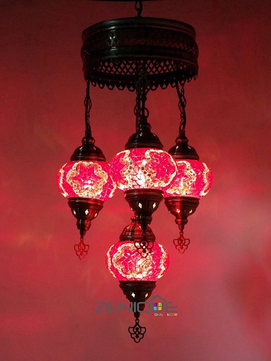 Turkse Lamp - Hanglamp Mozaïek - Kroonluchter Rood - 4 Bollen - Handgemaakt en Authentiek