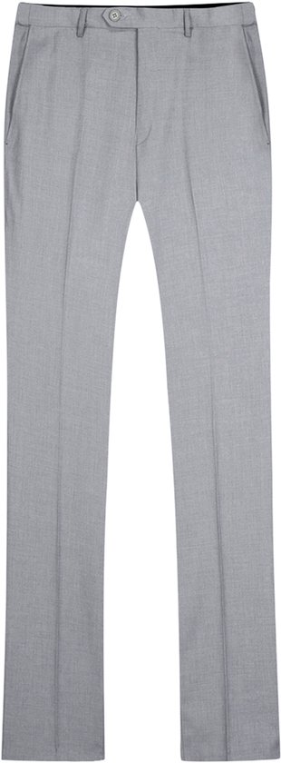Grijze broek met persplooien en steekzakken.