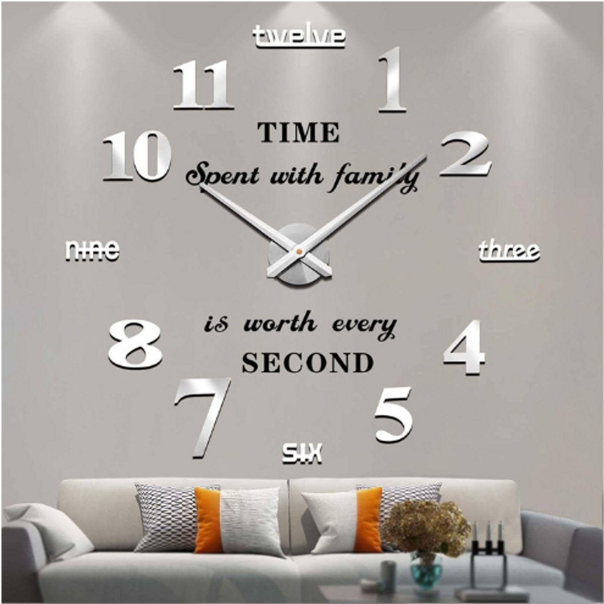 Thuys – Moderne Stille DIY Grote Wandklok – 3D Muursticker Klok – Geluidsloze Klok – Zilver