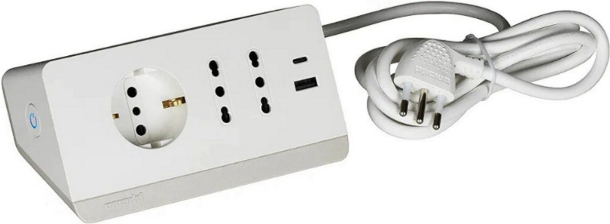 Thuys – Meervoudige Stekkerdoos – Met 5 Aansluitingen – Poorten 3A – 1 Schuko & 2 Bypass 10/16A – 2m Kabel – 16A Stekker – Wit