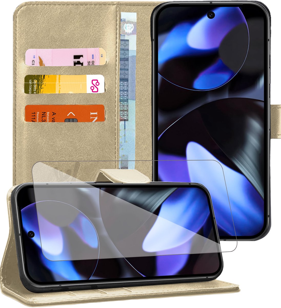 Hoesje geschikt voor Google Pixel 9a - Screenprotector Glas - Portemonnee Book Case Goud