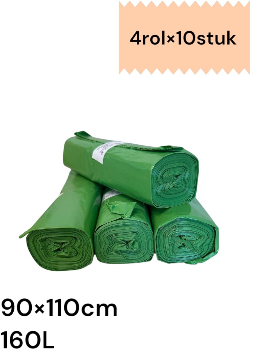 Afvalzakken – 100% groen recycle vuilniszakken / lekbestendig / 4 rollen x 10 stuks ( 40 stuks ) / 160 liter / 90*110 cm.