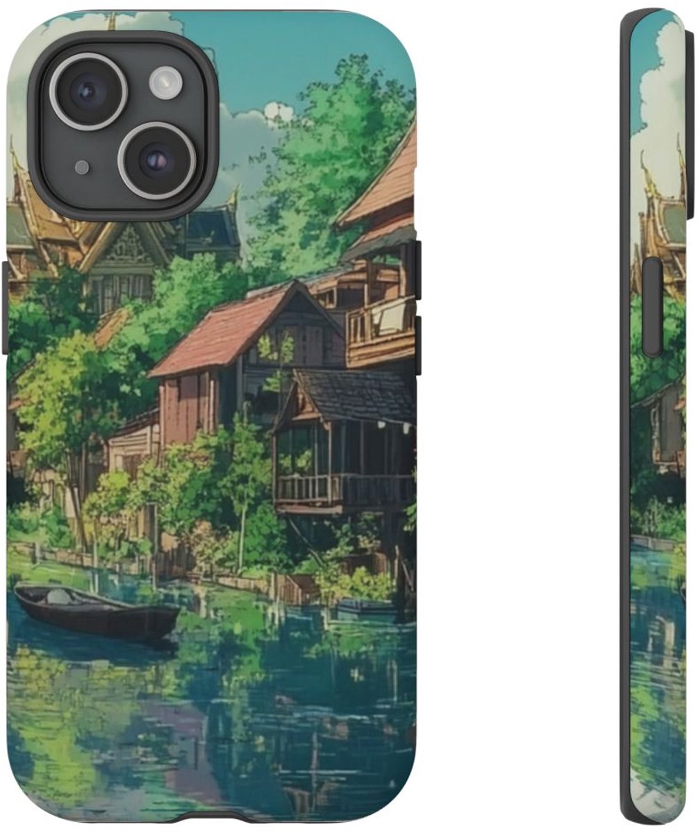 Rivieroever met Traditionele Huizen en Boten – Telefoonhoesje Geschikt voor iPhone 15