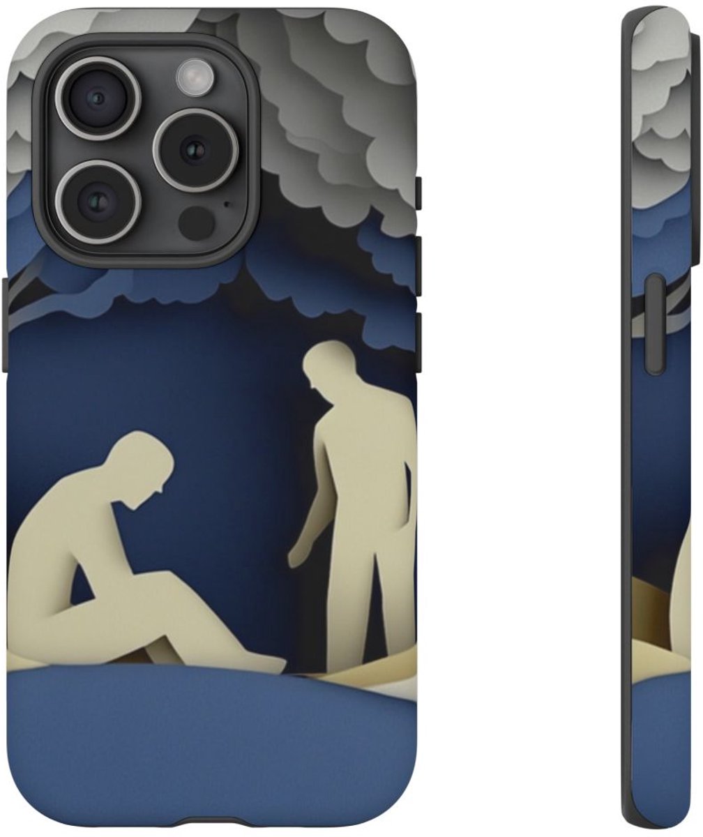 Papieren Knipkunst van Twee Mannen in Bos – Telefoonhoesje Geschikt voor iPhone 15 Pro