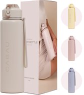 Cabau Bloom RVS Waterfles 870ml Beige | Geïsoleerde BPA-vrije & Lekvrije Thermosfles | Duurzame Herbruikbare Drinkfles met Schoonmaakborstel & Draagkoord | BPA vrij Sportfles Dames | Waterfles Volwassenen | Cadeau voor Haar