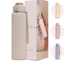 Cabau Bloom RVS Waterfles 870ml Beige | Geïsoleerde BPA-vrije & Lekvrije Thermosfles | Duurzame Herbruikbare Drinkfles met Schoonmaakborstel & Draagkoord | BPA vrij Sportfles Dames | Waterfles Volwassenen | Cadeau voor Haar