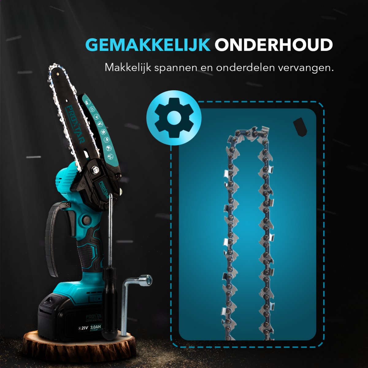 ProXtar Mini Kettingzaag + Telescopische Steel - 6 Inch- Kettingzaag - Snoeizaag - Takkenzaag - Handzaag - Inclusief Opbergkoffer, 2 Accu's & 3 Kettingen - Automatische Kettingsmering - Brushless – foto 2